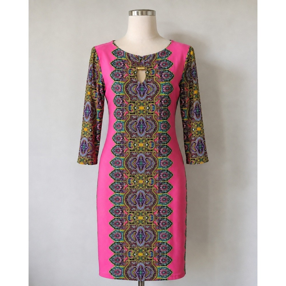 Emma & Michele Tunic Dress Women's Large Pink Paisley 3/4 Sleeve Keyhole Neck
